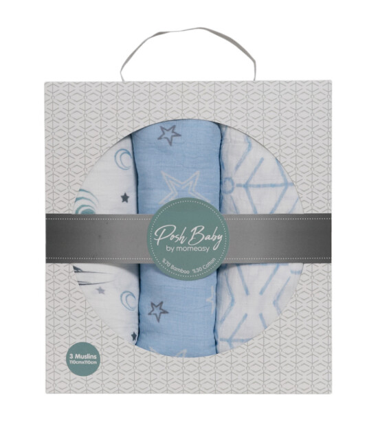 Posh Baby by Momeasy 3'l&uuml; M&uuml;slin &Ouml;rt&uuml; (Mavi Set)