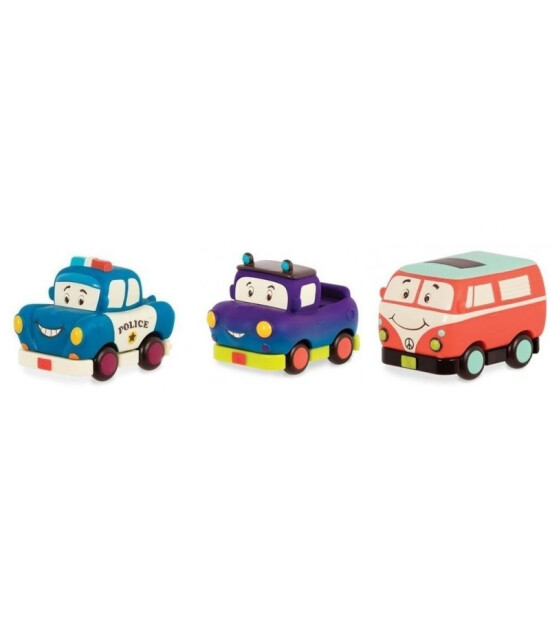 B.Toys 3'lü Mini Çek Bırak Araba Seti // Polis-Retro Van-Jeep