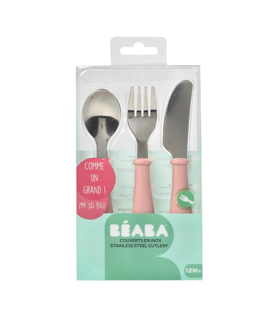 Beaba Paslanmaz Çelik Çatal Bıçak Kaşık Seti // Old Pink