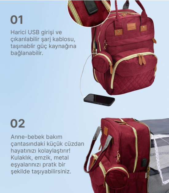 Boule De Petite Çok Fonksiyonlu Bordo Anne-Bebek Bakım Çantası
