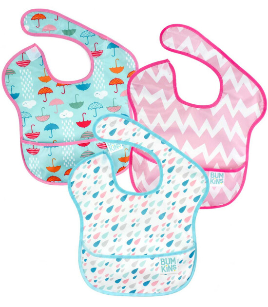 Bumkins SuperBib Önlük Set (3 Adet) // Umbrella - Raindrops - Pink Chevron