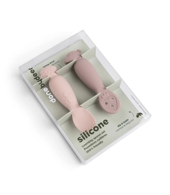 Done By Deer - Tiny Farm - 2'li Silikon Alıştırma ve P&uuml;re Kaşık Seti - Pembe