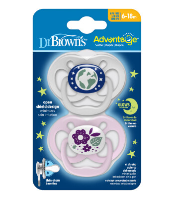 Dr. Brown's Advantage Silikon Emzik - İkili Set (6-18 Ay) // Doğa - Mor / Pembe (Karanlıkta Parlar)