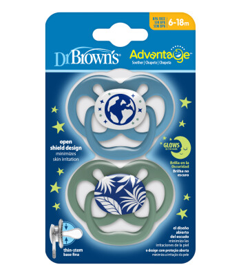 Dr. Brown's Advantage Silikon Emzik - İkili Set (6-18 Ay) // Doğa - Mavi (Karanlıkta Parlar)