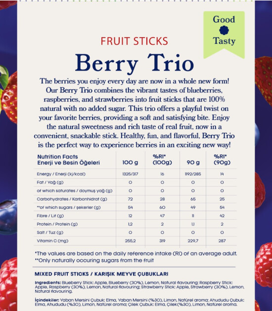 Fruitmade Berry Trio Karışık Kurutulmuş Meyve Çubukları (Yaban Mersini&Ahududu&Çilek) (90 gr)