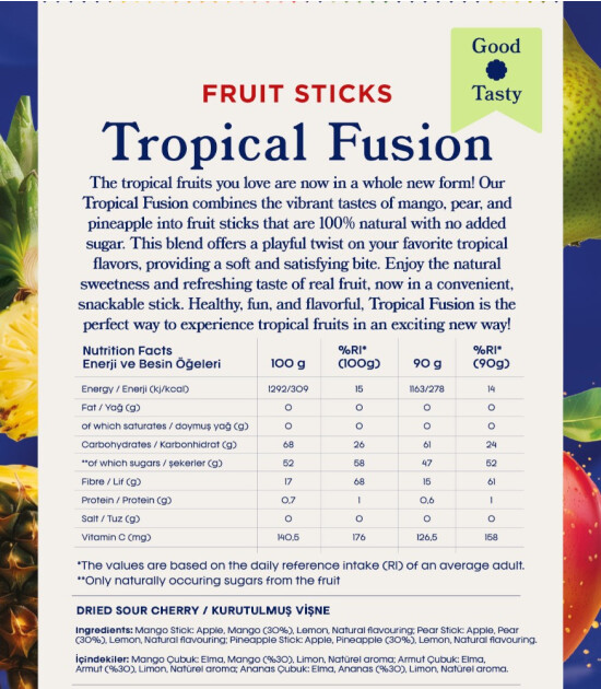 Fruitmade Tropical Fusion Karışık Kurutulmuş Meyve Çubukları (Mango&Armut&Ananas) (90 gr)