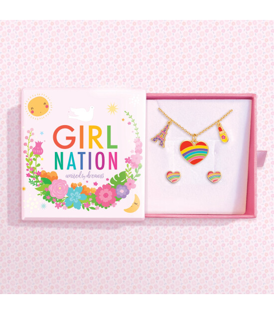 Girl Nation Kolye ve Küpe Hediye Set // Rainbow Heart Eiffel
