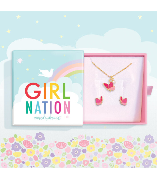 Girl Nation Kolye ve Küpe Hediye Set // Butterfly Dream