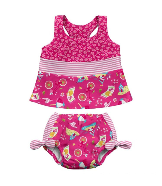 i Play UPF 50+ Güneş Korumalı Sızdırmaz Tankini Bikini Bebek Takım (Pembe Eğlence Zamanı)