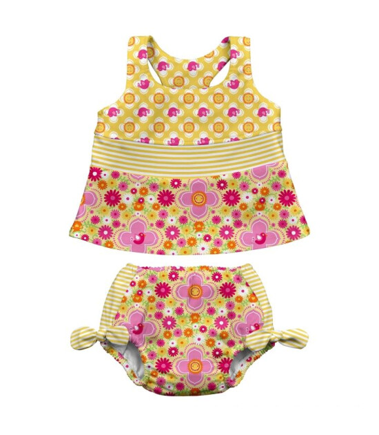 i Play UPF 50+ Güneş Korumalı Sızdırmaz Tankini Bikini Bebek Takım (Sarı Çiçek)