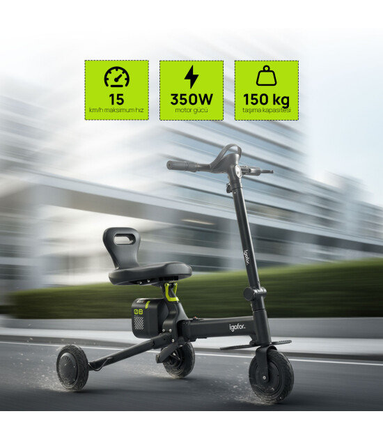 Igofor 3 Tekerlekli Katlanabilir Elektrikli Oturulabilir Scooter // Siyah
