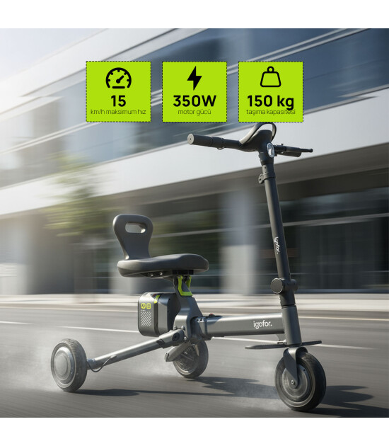 Igofor 3 Tekerlekli Katlanabilir Elektrikli Oturulabilir Scooter // Gri