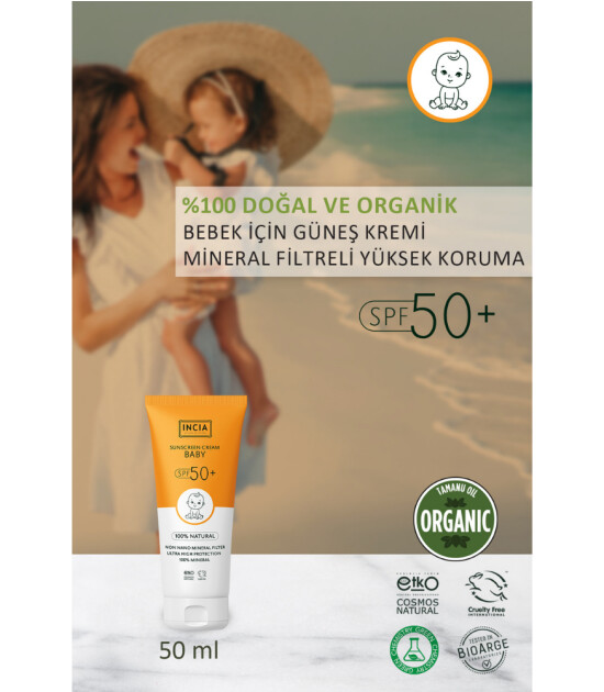 INCIA %100 Doğal Bebek için Güneş Kremi Mineral Filtreli (50 SPF+)