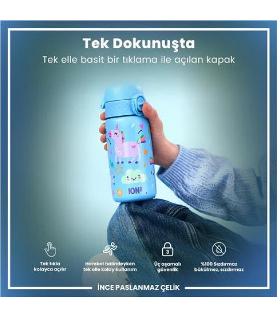 Ion8 OneTouch Paslanmaz &Ccedil;elik &Ccedil;ocuk Suluk (400 ml) // Mavi Unicorn