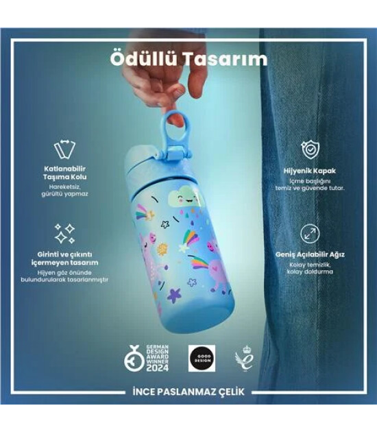 Ion8 OneTouch Paslanmaz &Ccedil;elik &Ccedil;ocuk Suluk (400 ml) // Mavi Unicorn