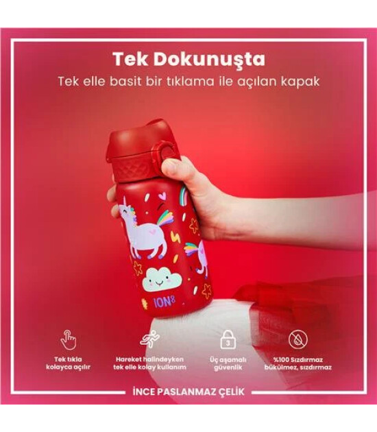 Ion8 OneTouch Paslanmaz &Ccedil;elik &Ccedil;ocuk Suluk (400 ml) // Kırmızı Unicorn
