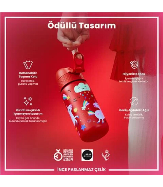 Ion8 OneTouch Paslanmaz &Ccedil;elik &Ccedil;ocuk Suluk (400 ml) // Kırmızı Unicorn