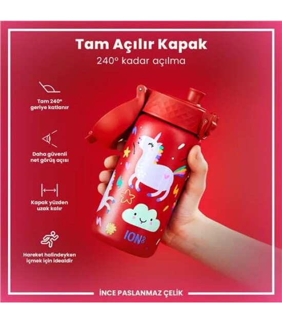 Ion8 OneTouch Paslanmaz &Ccedil;elik &Ccedil;ocuk Suluk (400 ml) // Kırmızı Unicorn