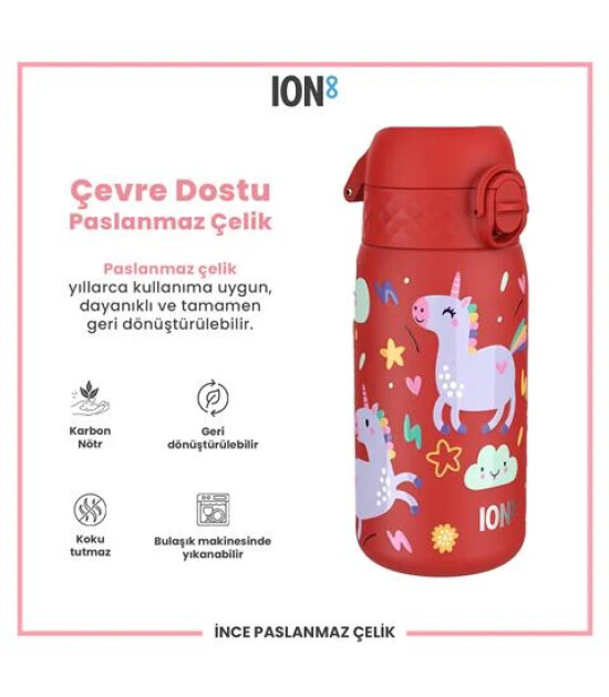 Ion8 OneTouch Paslanmaz &Ccedil;elik &Ccedil;ocuk Suluk (400 ml) // Kırmızı Unicorn