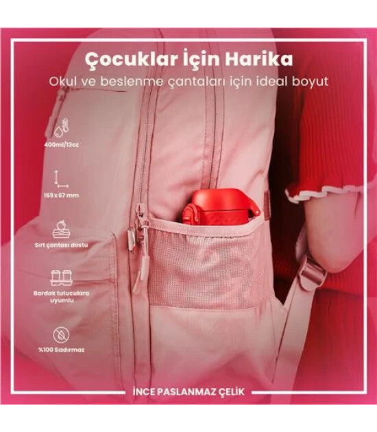 Ion8 OneTouch Paslanmaz &Ccedil;elik &Ccedil;ocuk Suluk (400 ml) // Kırmızı Unicorn