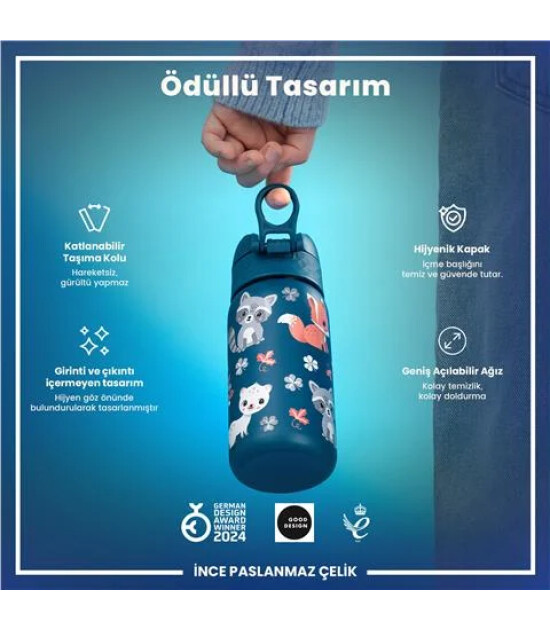 Ion8 OneTouch Paslanmaz &Ccedil;elik &Ccedil;ocuk Suluk (400 ml) // Orman Hayvanları