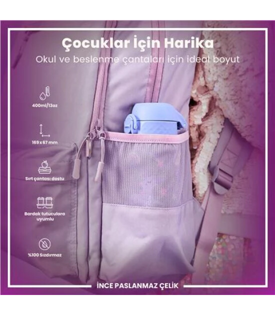 Ion8 OneTouch Paslanmaz &Ccedil;elik &Ccedil;ocuk Suluk (400 ml) // Mor Unicorn