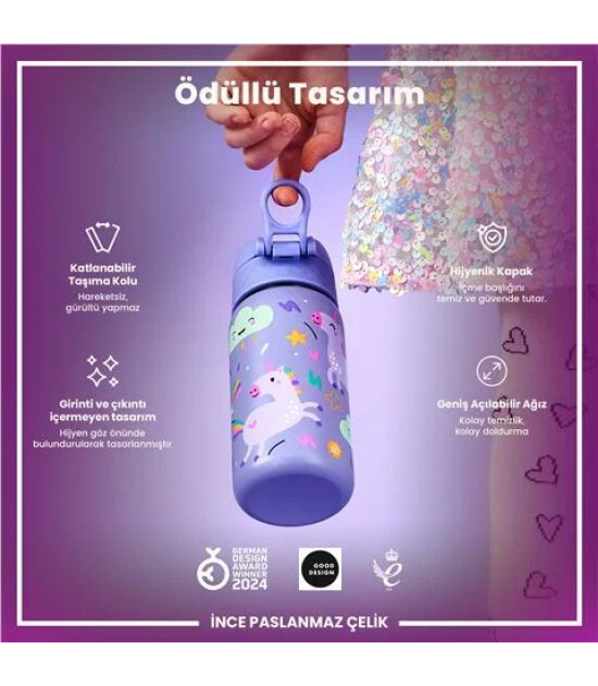 Ion8 OneTouch Paslanmaz &Ccedil;elik &Ccedil;ocuk Suluk (400 ml) // Mor Unicorn