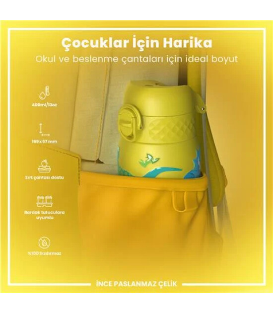 Ion8 OneTouch Paslanmaz &Ccedil;elik &Ccedil;ocuk Suluk (400 ml) // Dinozorlar