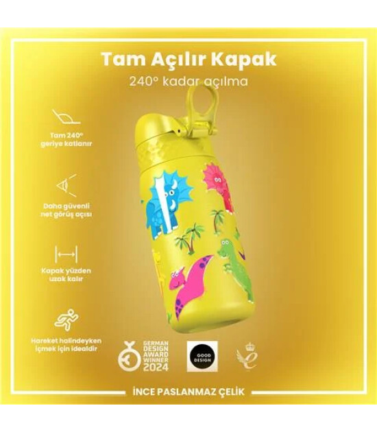 Ion8 OneTouch Paslanmaz &Ccedil;elik &Ccedil;ocuk Suluk (400 ml) // Dinozorlar
