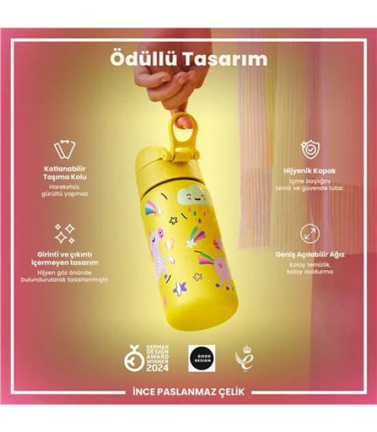 Ion8 OneTouch Paslanmaz &Ccedil;elik &Ccedil;ocuk Suluk (400 ml) // Sarı Unicorn