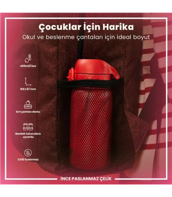 Ion8 OneTouch Paslanmaz &Ccedil;elik &Ccedil;ocuk Suluk (400 ml) // Kırmızı