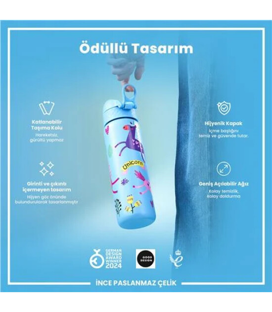 Ion8 - Paslanmaz &Ccedil;elik İnce Suluk - Mavi Unicorn - 600 Ml - Sızdırmaz