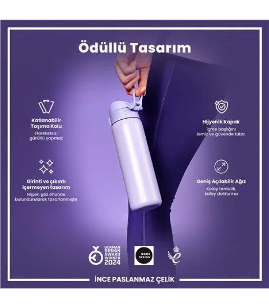 Ion8 - Paslanmaz &Ccedil;elik İnce Suluk - A&ccedil;ık Mor - 600 Ml - Sızdırmaz