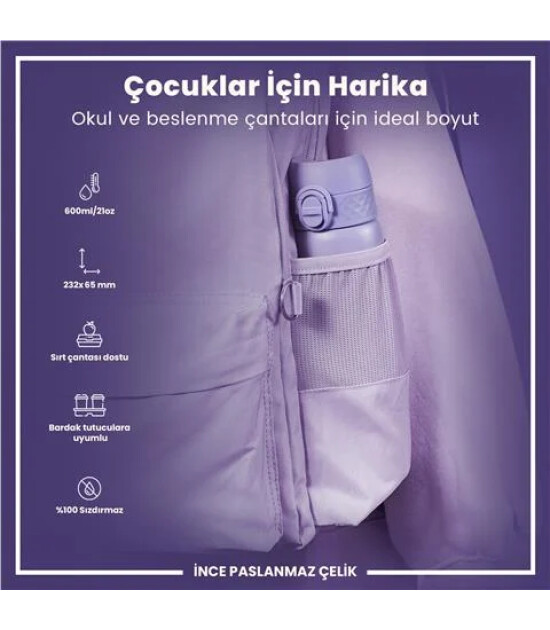 Ion8 - Paslanmaz &Ccedil;elik İnce Suluk - A&ccedil;ık Mor - 600 Ml - Sızdırmaz