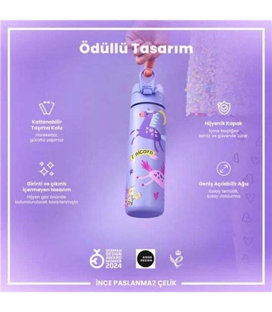 Ion8 - Paslanmaz &Ccedil;elik İnce Suluk - Mor Unicorn - 600 Ml - Sızdırmaz