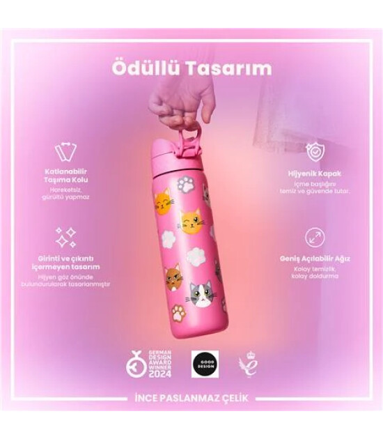 Ion8 - Paslanmaz &Ccedil;elik İnce Suluk - Kediler - 600 Ml - Sızdırmaz