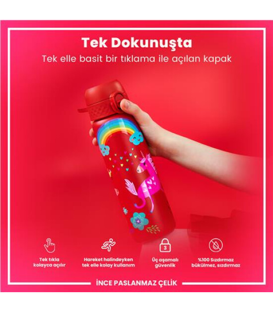Ion8 - Paslanmaz &Ccedil;elik İnce Suluk - Kırmızı Unicorn - 600 Ml - Sızdırmaz