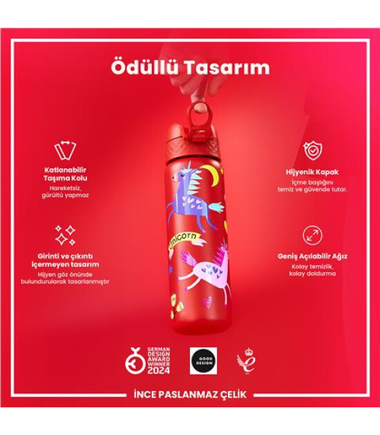 Ion8 - Paslanmaz &Ccedil;elik İnce Suluk - Kırmızı Unicorn - 600 Ml - Sızdırmaz