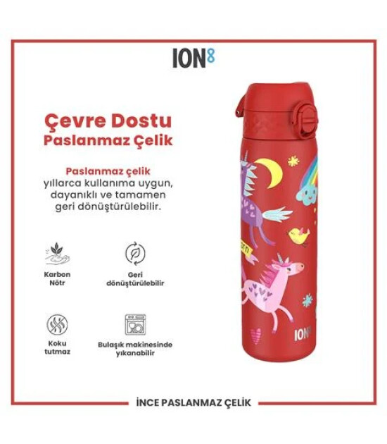 Ion8 - Paslanmaz &Ccedil;elik İnce Suluk - Kırmızı Unicorn - 600 Ml - Sızdırmaz