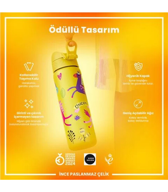 Ion8 - Paslanmaz &Ccedil;elik İnce Suluk - Sarı Unicorn - 600 Ml - Sızdırmaz