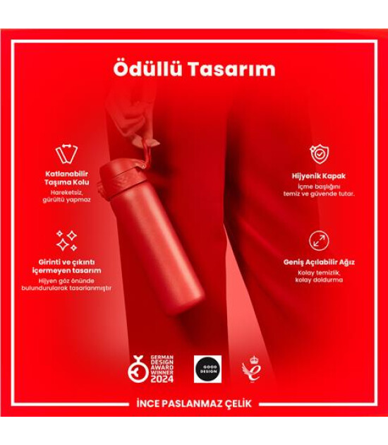 Ion8 - Paslanmaz &Ccedil;elik İnce Suluk - Kırmızı - 600 Ml - Sızdırmaz