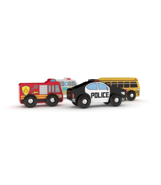 J'adore Ahşap Araç Seti // Şehir Araçları (Okul Otobüsü-Ambulans-İtfaiye-Polis)