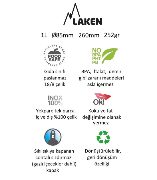 Laken Paslanmaz Çelik Basic Şişe (1 Lt) // Siyah