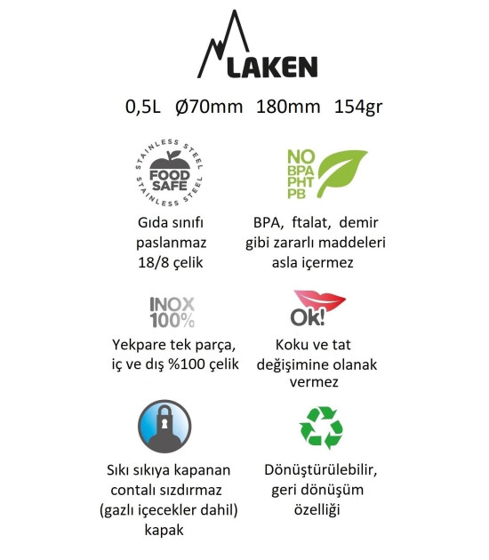 Laken Paslanmaz Çelik Basic Şişe (500 ml) // Beyaz