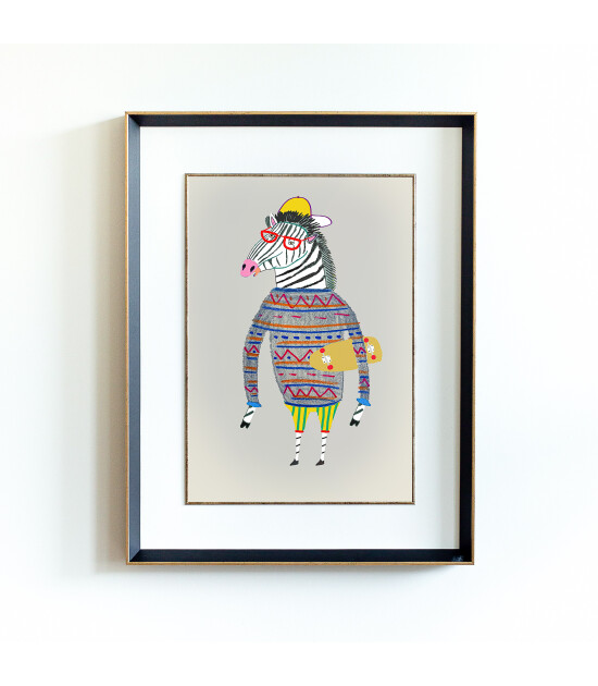 Little Forest Animals Zebra Skater (Siyah Yaldızlı Çerçeve + Beyaz)