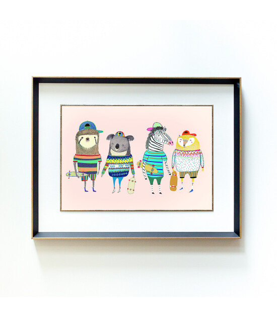 Little Forest Animals Four Skaters Friends (Siyah Yaldızlı &Ccedil;er&ccedil;eve + Beyaz)