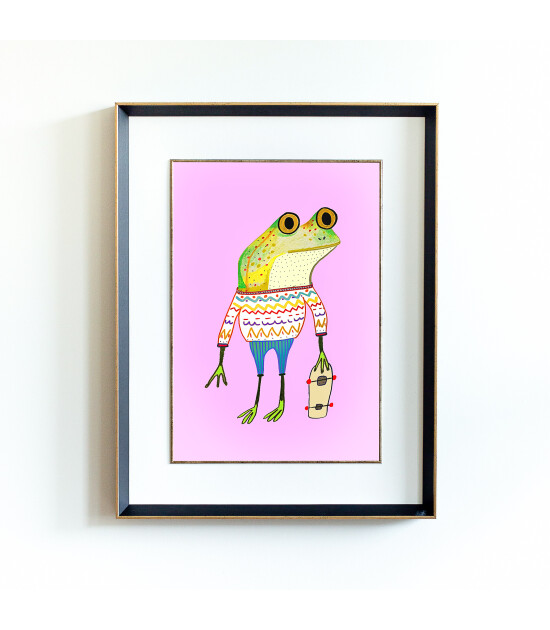 Little Forest Animals Frog Skater (Siyah Yaldızlı Çerçeve + Beyaz)