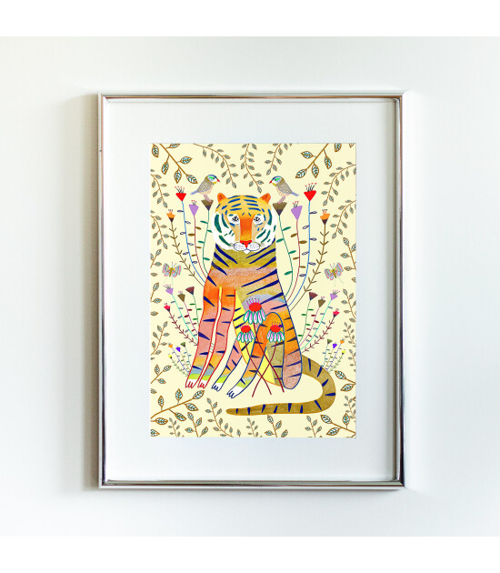 Little Forest Animals Tiger Gold Leaves (G&uuml;m&uuml;ş &Ccedil;er&ccedil;eve + Beyaz)