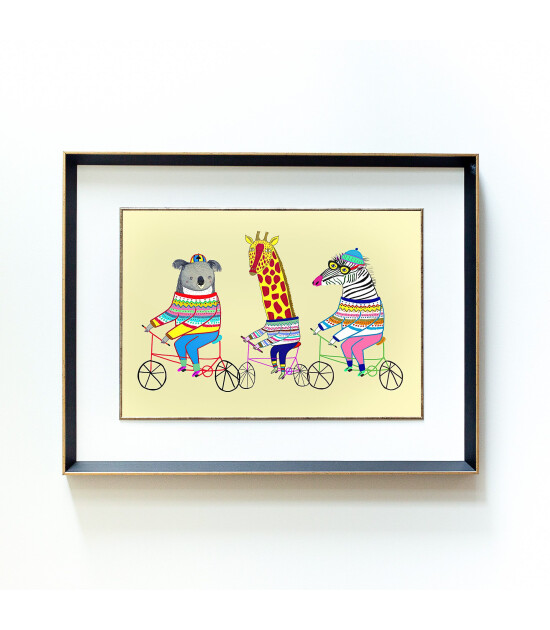 Little Forest Animals Biking Friends (Siyah Yaldızlı Çerçeve + Beyaz)