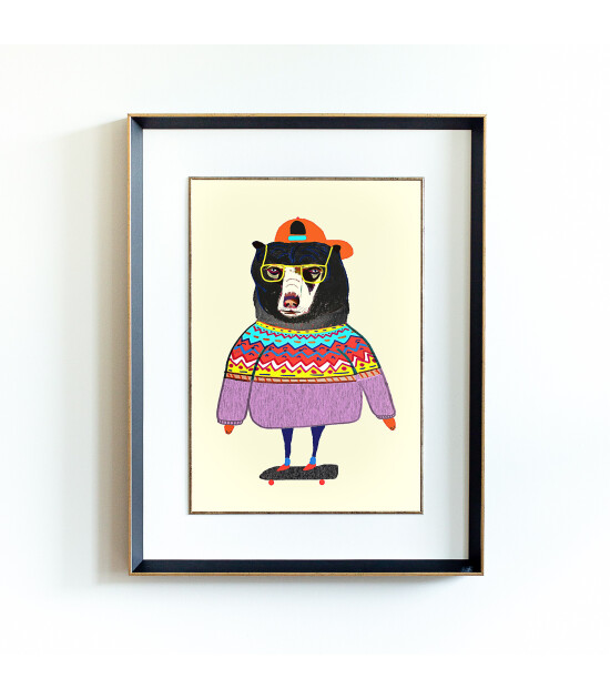 Little Forest Animals Bear Skater (Siyah Yaldızlı Çerçeve + Beyaz)